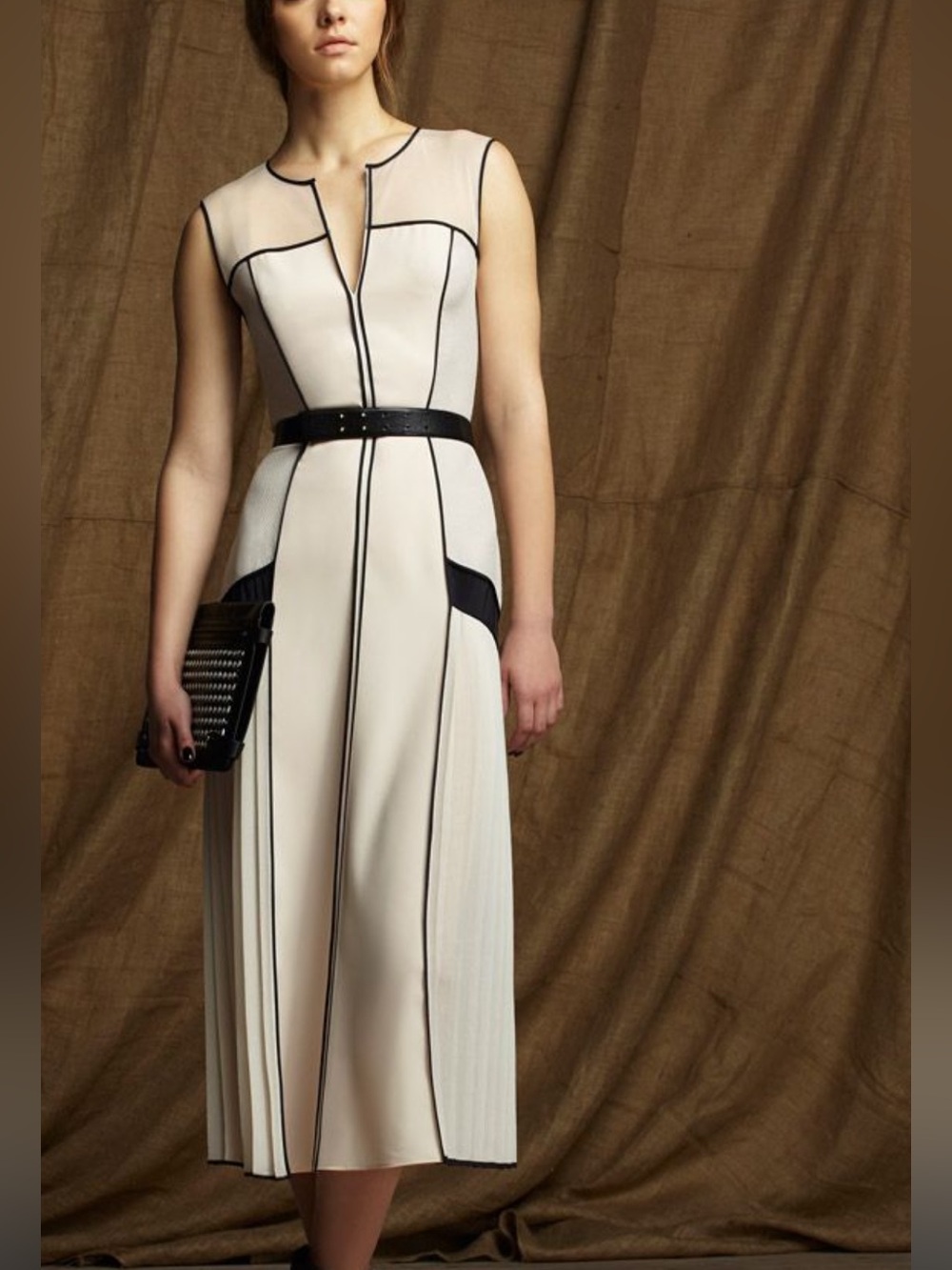 BCBGMaxAzria Blush and Black Sheer-Panel Pleated Mini Dress